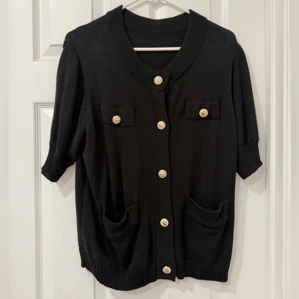 Black Short Sleeve Cardigan with Gold Buttons